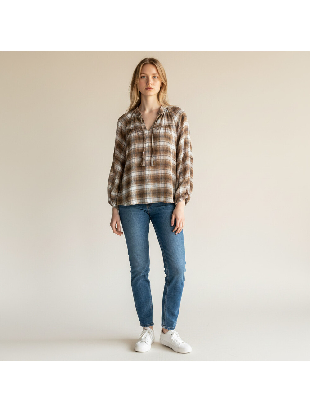 Blu Pepper Shirt Women M Medium Brown Plaid Button Up Tasseled V-Neck Rayon